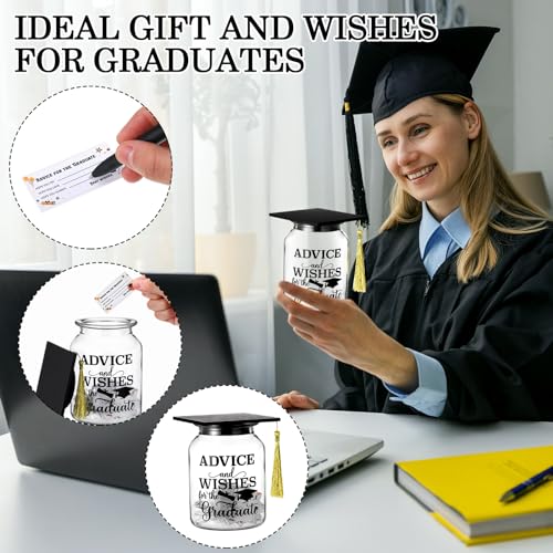 Dingion Class of 2024 Graduation Jar with 200 Advice Cards 8 Black Gel Pens, Graduation Guest Book Fun Glass Jar with Cap and Tassel Grad Party Supplies for Senior School College Graduates Gift