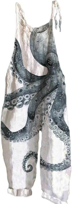 Trendy Japanese Art Jumpsuits for Women Spaghetti Strap Octopus Tentacle Pattern Printed Casual Romper Overalls