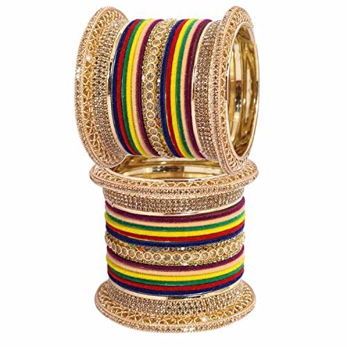 Image of NMII Non-Precious Metal with Base Metal and Studded with Zircon Gemstone Glossy Finished Traditional Velvet Bangle Chuda set for Women and Girls
