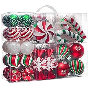Valery Madelyn Christmas Ornaments Set, 108ct Candy Cane Red Green White Shatterproof Christmas Tree Decorations Ball Ornaments Bulk, Decorative Hanging Ornaments for Xmas Trees Holiday Party Decor