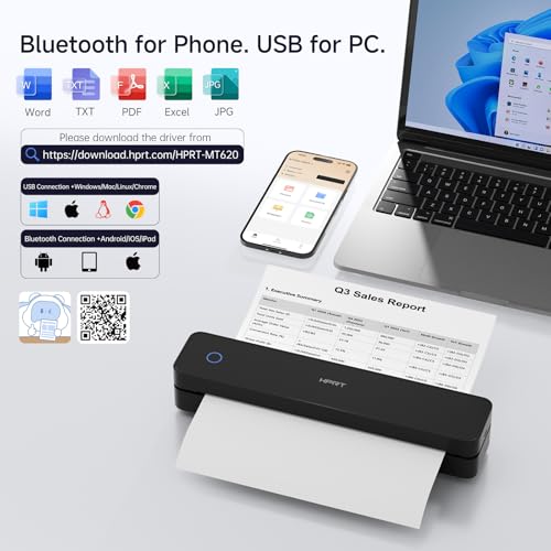 Image of HPRT Portable Thermal Printer-Inkless Printer, Supports Thermal Paper&Labels, Multi-User Bluetooth, Compatible with iOS /Android /Laptop for Home /School /Travel,MT610 Black-203dpi&200Sheets&Case Kit