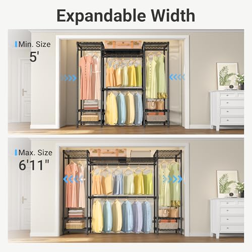 VIPEK-X30-Expandable-Clothes-Rack-Adjustable-from-5-to-611-950lbs-Capacity-Heavy-Duty-Portable-Closet-Wardrobe-with-4-Hanger-Rods-7-Wire-Shelves-Metal-Closet-System-for-Reach-in-Closet-Black