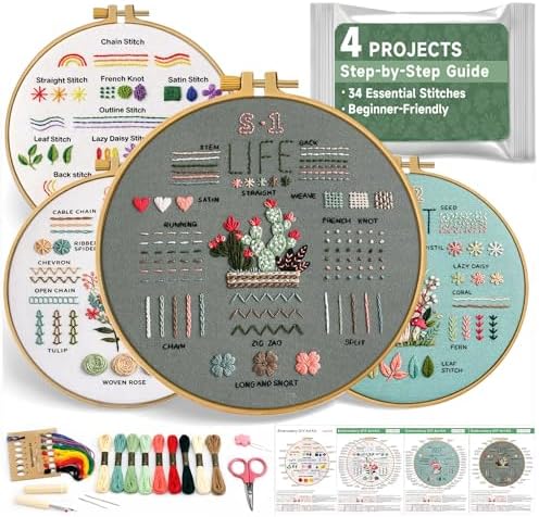 Bofoho 4 Pack Starter Embroidery Kit for Beginners with Simple Pa...