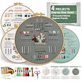 Bofoho 4 Pack Starter Embroidery Kit for Beginners – All-in-One Stitch Practice Kit with Simple Patterns, Learn 34 Embroidery Stitches with Step-by-Step Guide & Video, Craft Gift Adults & Teens