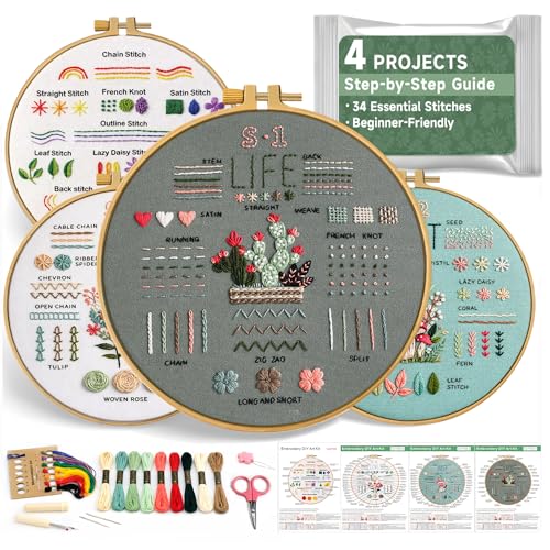 Bofoho 4 Pack Starter Embroidery Kit for Beginners – All-in-One Stitch Practice Kit with Simple Patterns, Learn 34 Embroidery Stitches with Step-by-Step Guide & Video, Craft Gift Adults & Teens
