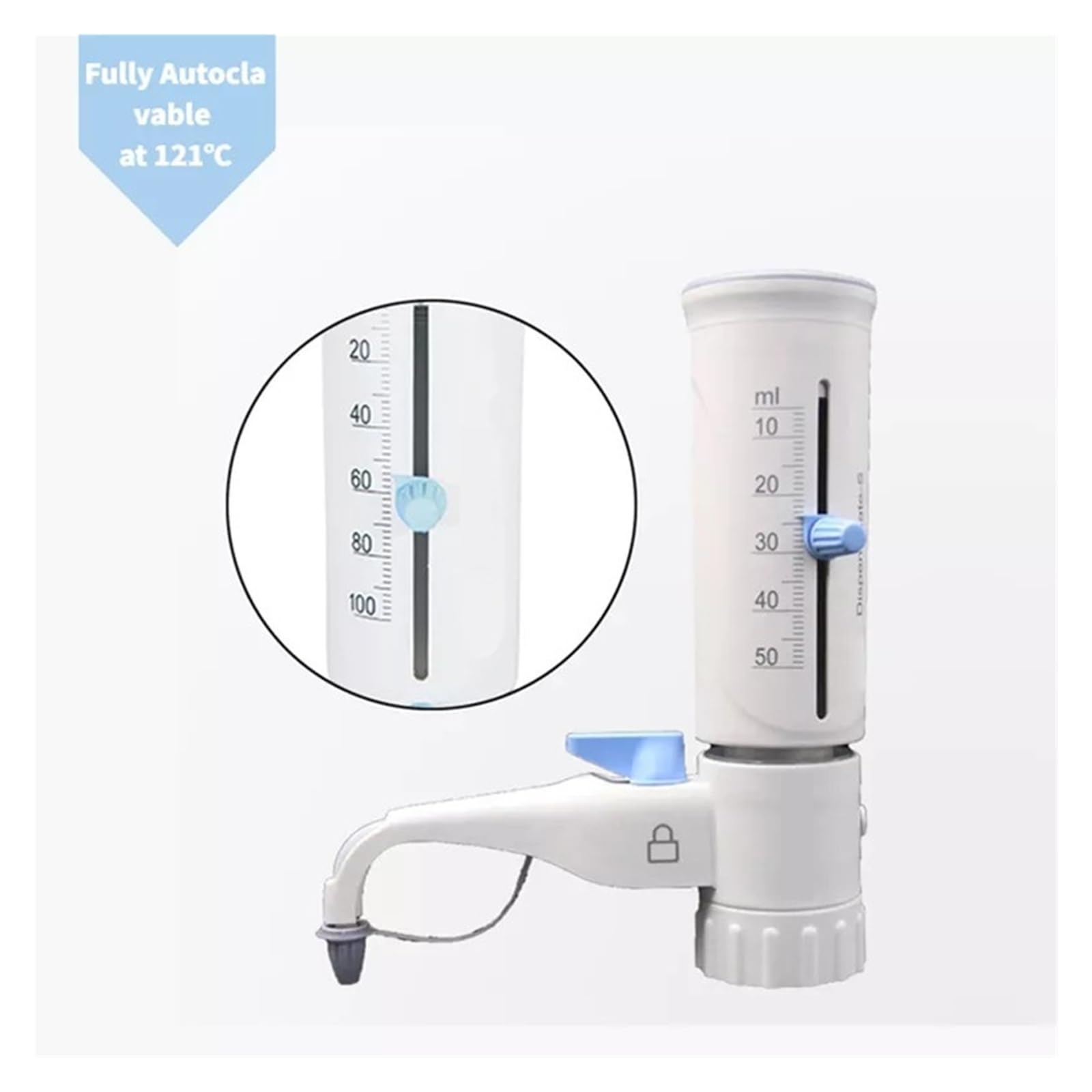 Pipeta, Dozownik laboratoryjny z górną częścią butelki Regulowana pipeta 0,5–100 ml Płyn w pełni nadający się do sterylizacji w autoklawie, temperatura 121°C(Dispenser 10-100 ml)