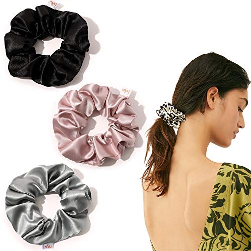 Image of Silk Hair Ties for Girls and Women: Chic Satin Scrunchies, Large and Cheetah Print, Soft Ponytail Holders for Thick and Curly Hair - No Creases, Gentle on Hair