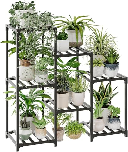 Bamworld Estantería Plantas Soporte para Plantas Interior Estanterias Madera Decorativas Plantas Exterior Portaplantas Escalera de 3 Pisos para Varias Plantas para Salón, Despacho, Jardín (Negra)