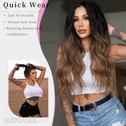 Image of AISI HAIR Brown Wig for Women, Long Wavy Black To Brown Lace Hairline Middle Part Synthetic Heat Resistant Wig for Daily Party-26 Inch