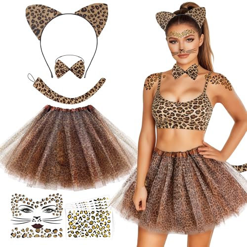 iDattel Leoparden kostüm damen Tüllrock Leoparden Ohren Haarreif Gesichtstattoo Leopardenmuster Tattoo Schwanz Fliege Karneval kostüm Accessorie tiger kostüm damen fasching Halloween Party Cosplay