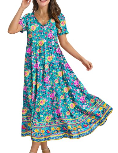Image of YESNO Women's Summer Maxi Dresses Casual Floral Short Sleeve V Neck Boho Beach Vacation Swing Dress with Pockets EVF