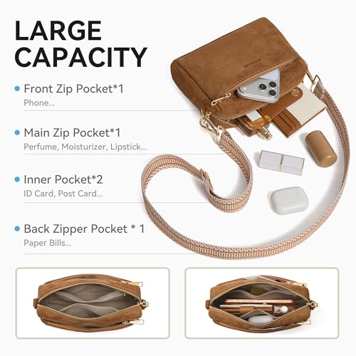 Image of BOSTANTEN Small Crossbody Purse for Women Triple Zip Cell Phone Leather Handbag with Colored Shoulder Strap