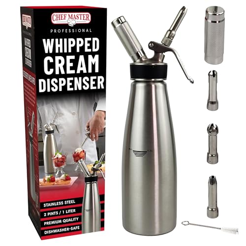 Chef Master (2 Pint / 1 Liter) Stainless Steel Whipped Cream Dispenser - Decorating Tips for...