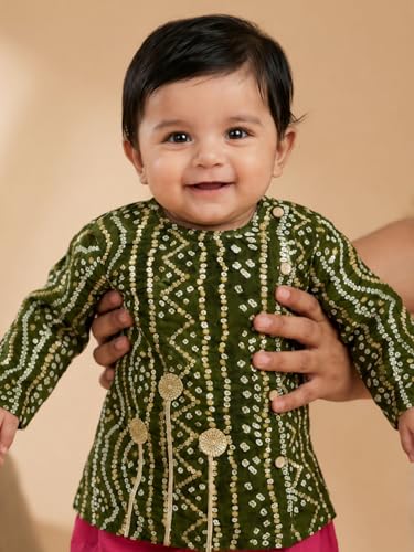 Image of Pspeaches Boys Rayon Full Sleeves Round Neck Bandhani Print Angrakha Kurta and Dhoti Pant 2 Piece Set|Ethnic Wear For Cute Baby Boys|Traditional & Festive Outfit