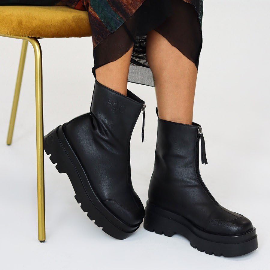 bego Women's Platform Ankle Boots Chunky Chelsea Short Fall Boots Front Zipper Combat Boots Casual Vegan Leather Boots (7, Black) - Image 3