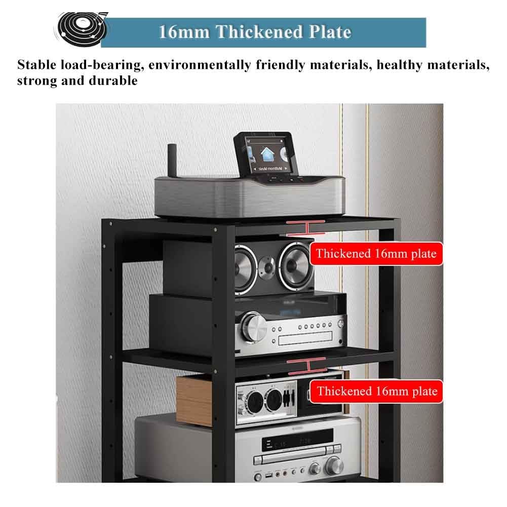 Mobile stereo hi fi rack hifi Av media stand a 7 livelli con ruote e supporto regolabile in altezza, armadio rack audio per soggiorno, sala teatro, ripiano rack amplificatore, centro intratte(Nero)