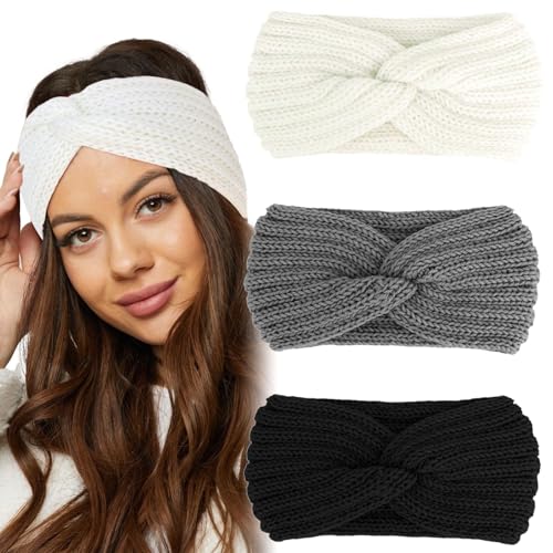 poraceous 3 Piezas Diademas de Punto, Diadema para Mujer Elasticidad, Diadema de Invierno para Muje Ganchillo, Diademas Mujer de Moda y Versátil, para Correr, Esquí, Camping, Senderismo