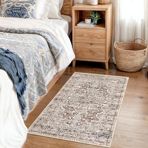 KUTA Vintage Floral Rugs 2x3 Washable Entryway Small Area Rug Non-Slip Ultra Soft Brown Doormat Indoor Printed Retro Distressed Accent Kitchen Throw for Entrance Bedroom