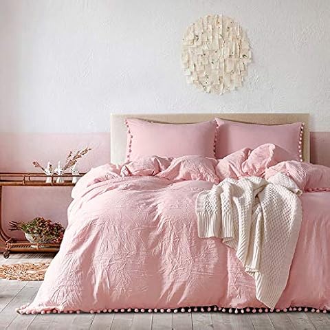 Delien Microfibre bed linen with pompoms tassels design plain colour bed linen 3 pieces (1 duvet cover 155 x 220 cm and 2 pillowcases 80 x 80 cm) 4 seasons bedding set, pink Cover