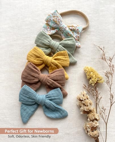 Cherssy Baby Muslin Hair Bows and Headbands, 10pcs Soft Nylon Hairbands for Newborn, Infants, Toddlers3