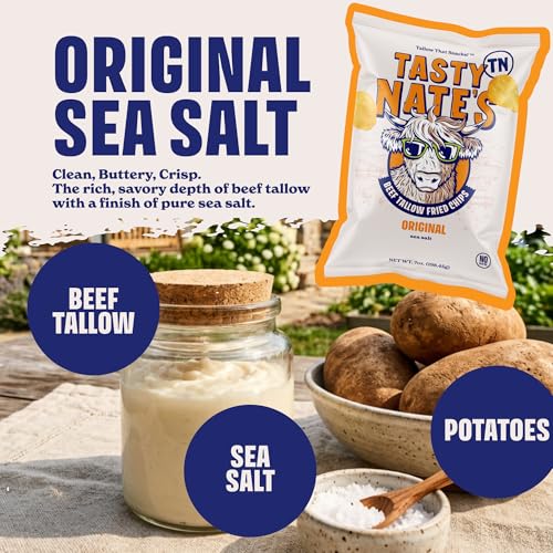 Image of Tasty Nate's Beef Tallow Potato Chips Original Sea Salt Kettle Chips Made with 100% Beef Tallow Seed Oil Free - Gluten Free Healthy Snacks Paleo Friendly 7oz Bag - Pack of 10