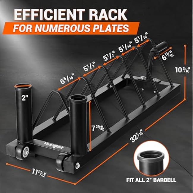 Yes4All 6 Pegs & 4 Barbell Storage Racks Load Up to 1190 LBS - Wall Mounted Weight Plate Tree & Barbell Holder
