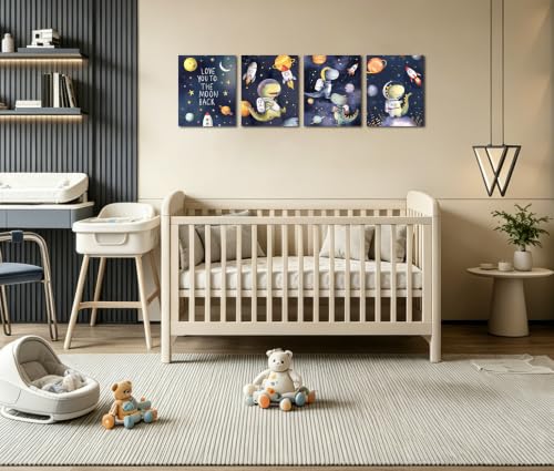 Image of Frimeeme Space Dinosaur Astronaut Wall Art Prints, Set of 4, 8x10 in | Watercolor Planets and Rockets Poster, Kids Nursery Decor, Unframed