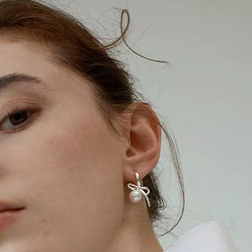 Small Bow Pearl Hoop Earrings For Women,White Elegance Bowknot Silver Plated Earrings for Prom Wedding Brides - Image 5