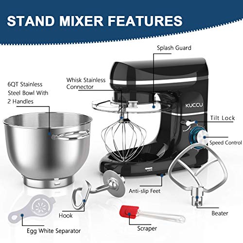 Kuccu Stand Mixer, 6 Qt 660W, 6-Speed Tilt-Head Food Dough Mixer, Kitchen Electric Mixer with Stainless Steel Bowl,Dough Hook,Whisk, Beater, Egg white separator (6-QT, Silver-1) (Renewed)