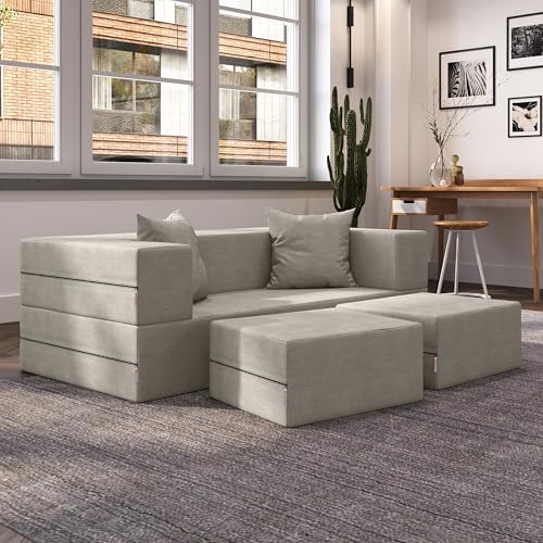 Jaxx Zipline Convertible Sleeper Loveseat & Ottomans, Textured Microvelvet -