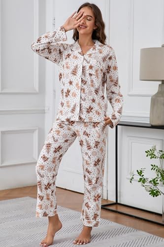 Image of LUBOT Christmas Pajamas for Women 100% Cotton Pajama 2 Piece PJ Set Soft Long Sleeve Button Xmas Print Loungewear XS-XXL