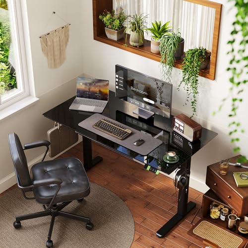 Image of INNOVAR Glass Standing Desk with Drawers 55 x 27.6 Inch Black