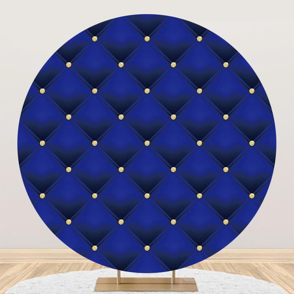 Renaiss 7x7ft Royal Blue Round Backdrop Cover Gold Diamonds Blue Tufted Checks Circle Photography Background Welcome Newborn Wedding Baby Shower Grad