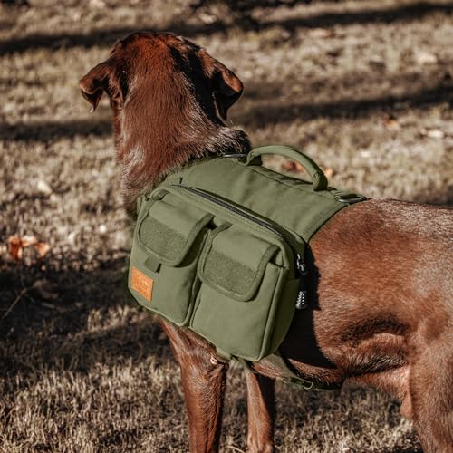 OneTigris Hundegeschirr mit Tasche, Hoppy Camper 3.0 Camping Wandern Hunderucksack für für Mittlere/Große Hunde, Rucksack für Hunderücken 2 Haupttaschen 4 Nebentaschen - Grün L