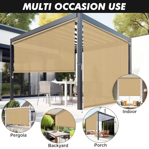 Image of Artpuch Custom Size Patio Shades Roll Up Outdoor Roller Shade, Cordless Exterior Roller Blinds Cloth for Porch Pergola Gazebo, Sesame