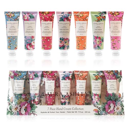 Laura Ashley Hand Cream Set - 7 Piece Hand Lotion Collection for Women, Travel Size Moisturizing Lotion for Dry Skin with Rose, Lavender, Magnolia & Floral Scents - 30ml Each