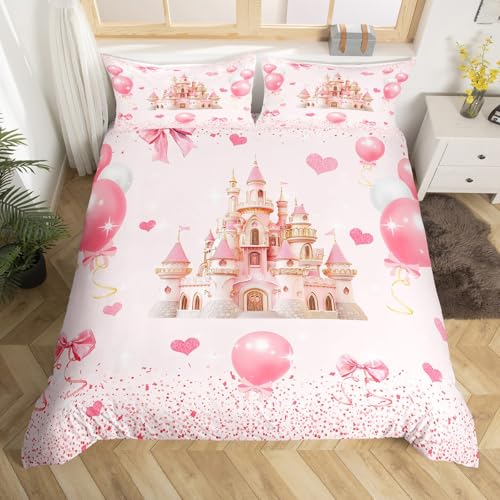 Homewish Housse de Couette 220x240 Fille Princesse Rose, Parure de Lit Château Rose pour Enfant Ado, Sets de Housses de Couettes Nœud Papillon Kawaii, Couvre...