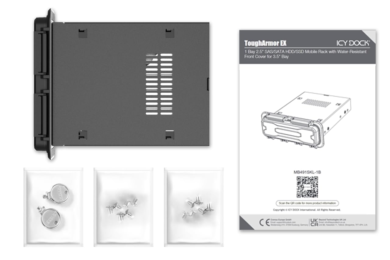 ICY DOCK 1-Bay Hot Swap 2,5 cala SATA III 6 Gbps/SAS 3.0 12 Gbps SSD/HDD obudowa wymienna rama wykonana z metalu ze śrubą radełkowaną i wodoodporną osłoną przednią IPX5 - ToughArmor EX MB491SKL-1B