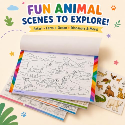 Image of Seek & Find Sticker Activity Book for Kids 4+ | 300+ Animal Stickers, 14 Scenes to Color | Search, Match, Stick & Coloring Activity Pad | A4 Size Creative Learning Book