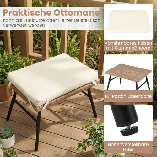 COSTWAY Korbsessel Rattan mit Hocker, Gartensessel mit Kissen und Metallgestell, Rattansessel, Loungesessel für Balkon, Garten, Wohnzimmer, Terrasse, Beige