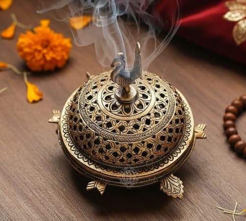 DSH Brass Peacock Tortoise Dhoop Dani Incense Burner for Puja Tra...