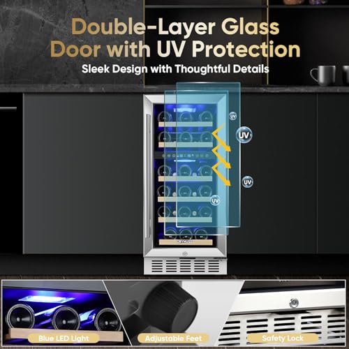 Image of 15 Inch Wine Cooler Under Counter, 30 Bottle Dual Zone Wine Fridge with Stainless Steel Glass Door, Built-In or Freestanding Wine Cellar with Digital Temperature Control for Home, Kitchen, or Office