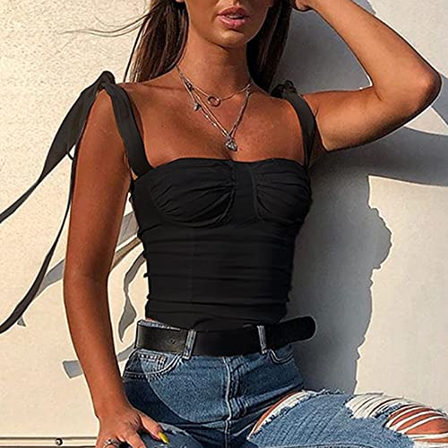 Miaoao New Sexy Mulheres Tank Top Bandage Strap Sem Mangas Magro Colete Apertado Colheita Top Preto/