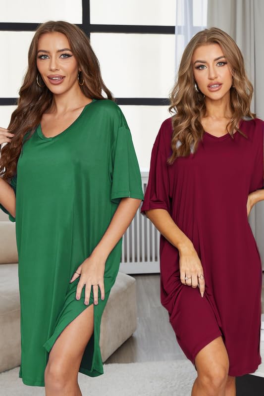 Image of ft FENTENG 2-Pack Women's Nightgowns Short Sleeve Nightshirt V Neck Soft Sleepwear Casual Sleepshirts Loose Pajama Dress