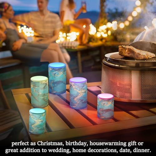 Image of Flickering Flameless Candles, Turquoise Golden Marble LED Candles with Remote Timer, Set of 2 Battery Operated Candle for Valentine Wedding Birthday