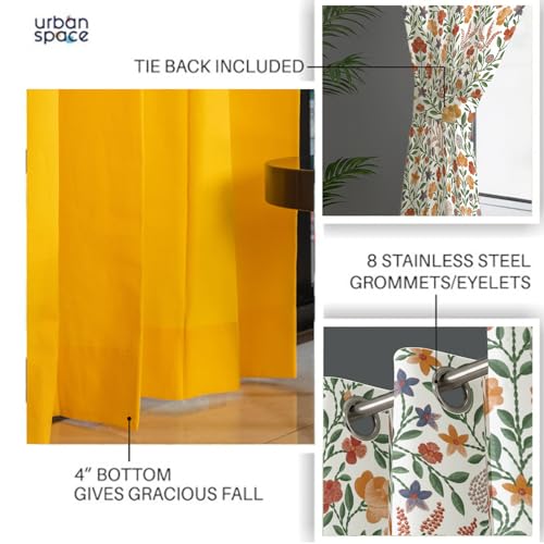Image of Urban Space 100% Cotton Floral Curtains For Window, Combo Set Of 3 Curtains 5 Feet Long, 60-65% Room Darkening Curtains With Tieback & Eyelets For Home Decor (Vasant & Aura Yellow, 5 Feet)