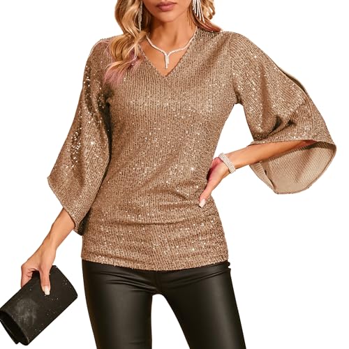 Womens Sequin Top 3/4 Sleeve Sparkly Shirt Glitter V-Neck Dressy Blouse for Evening Party Night Champagne