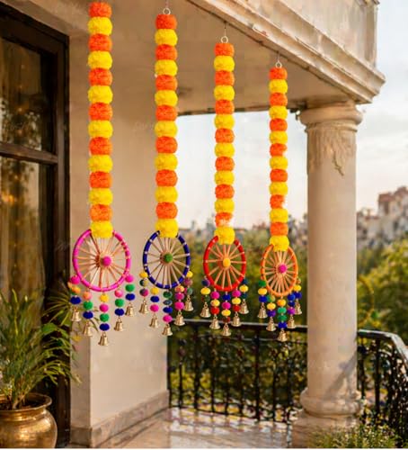 Image of Divyakosh Marigold Flower Hanging Decoration Set of 4 for Festive & Puja Decor | Artificial Marigold Hanging for Backdrop, Wall, Door, Temple & Living Room | 31 Inches
