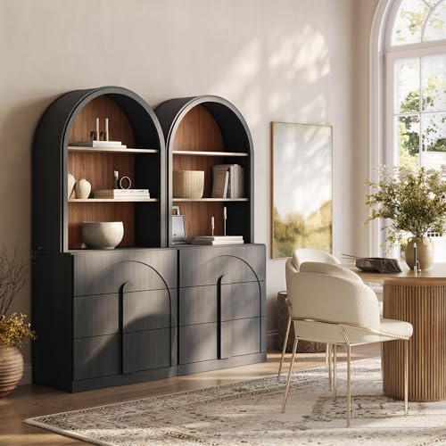 BELLEZE Arched Bookshelf with 3 Drawers Set of 2, 71" Tall Modern Wood Display Cabinet with Hutch, Modern Book Case Shelf with Storage Versatile Cupbo