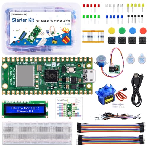 GeeekPi Starter Kit for Raspberry Pi Pico 2 W (Included), Dual Arm Cortex-M33 and Dual Hazard3 RISC-V Microcontroller, with Detailed Tutorial, 160 Items, 9 Projects, Python C Code
